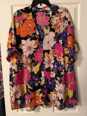 JODIFL Black Floral V-Neck Blouse with Pink, Orange & Yellow Accents